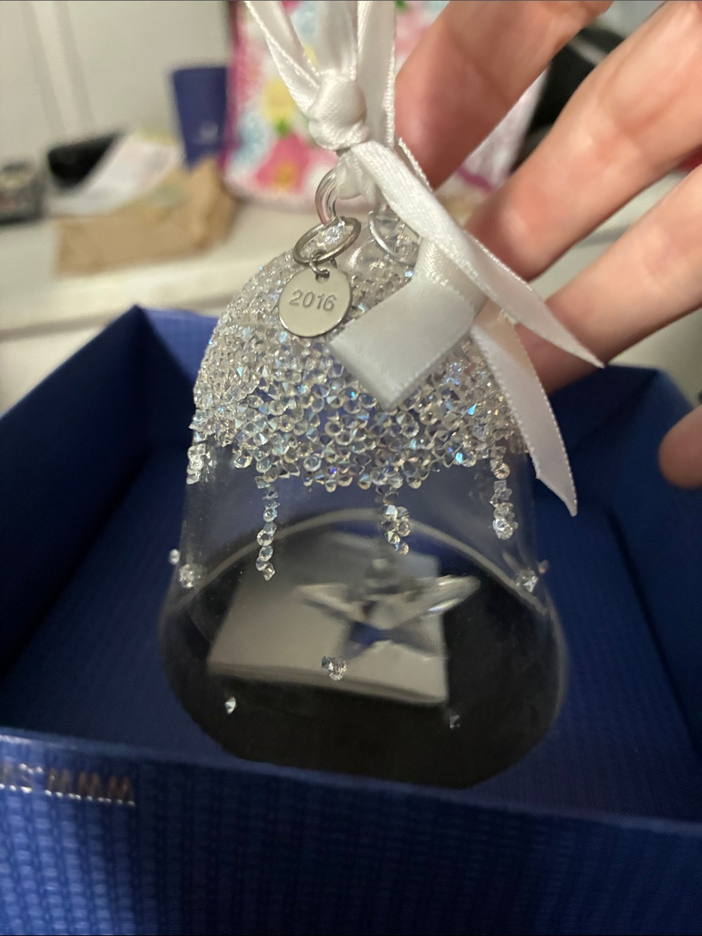 Swarovski Clear Crystal Bell Ornament with White Ribbon 2016
